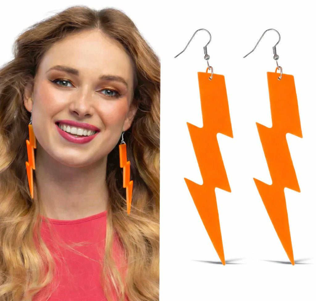 80’ler 90'lar Retro Neon Turuncu Şimşek Küpe 10 cm (4887)