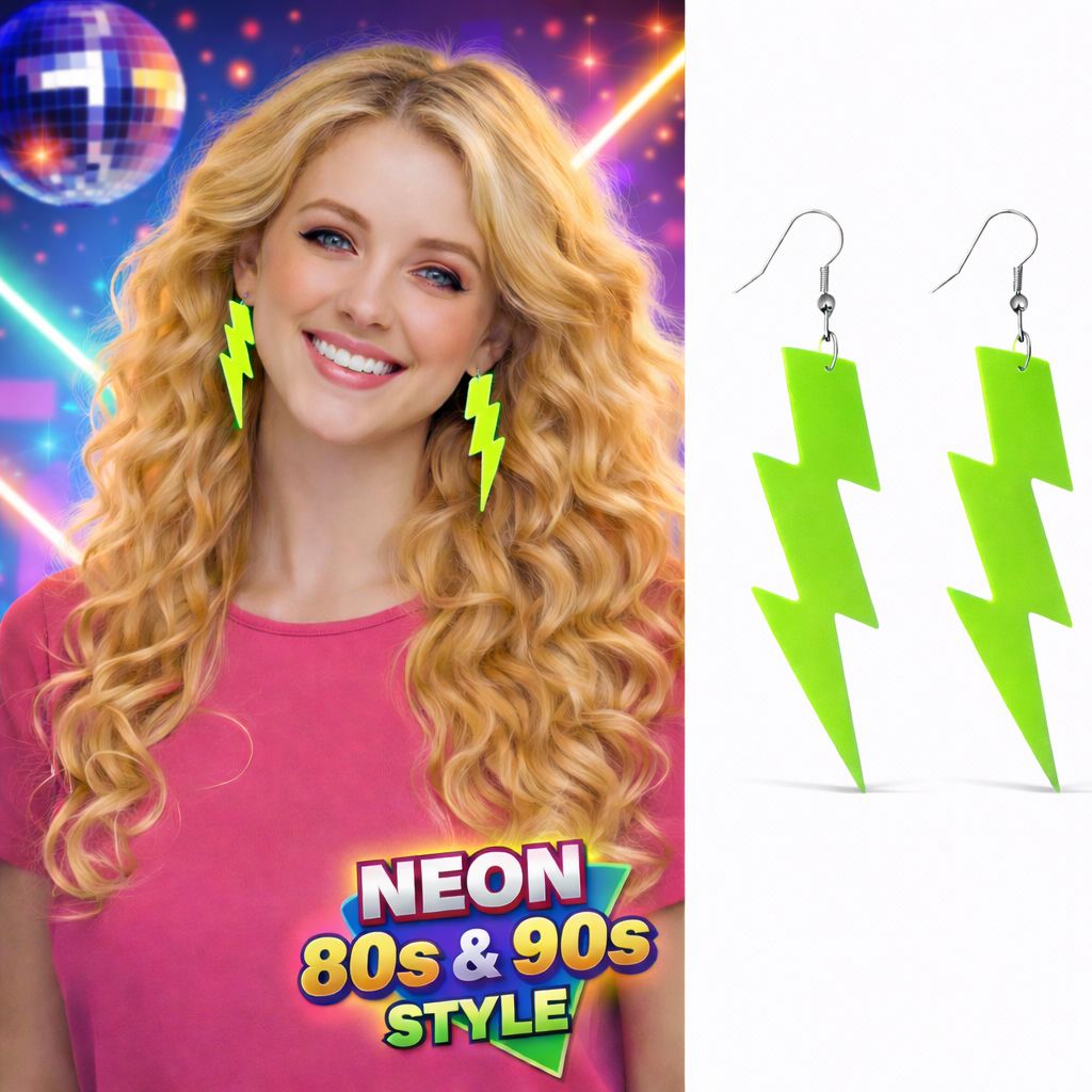 80’ler 90'lar Retro Neon Yeşil Şimşek Küpe 10 cm (4887)