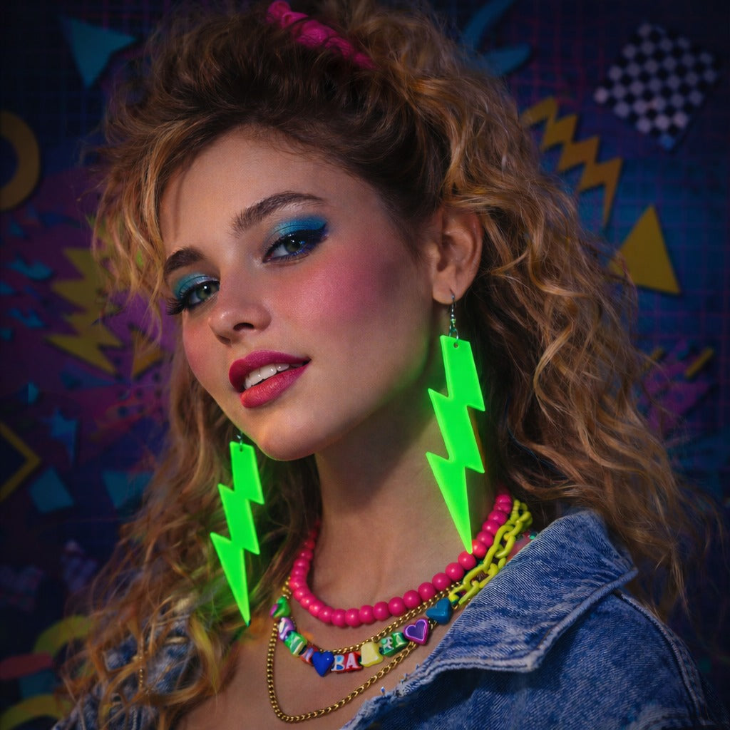 80’ler 90'lar Retro Neon Yeşil Şimşek Küpe 10 cm (4887)