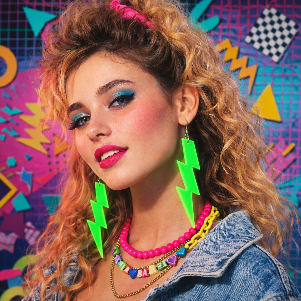 80’ler 90'lar Retro Neon Yeşil Şimşek Küpe 10 cm (4887)