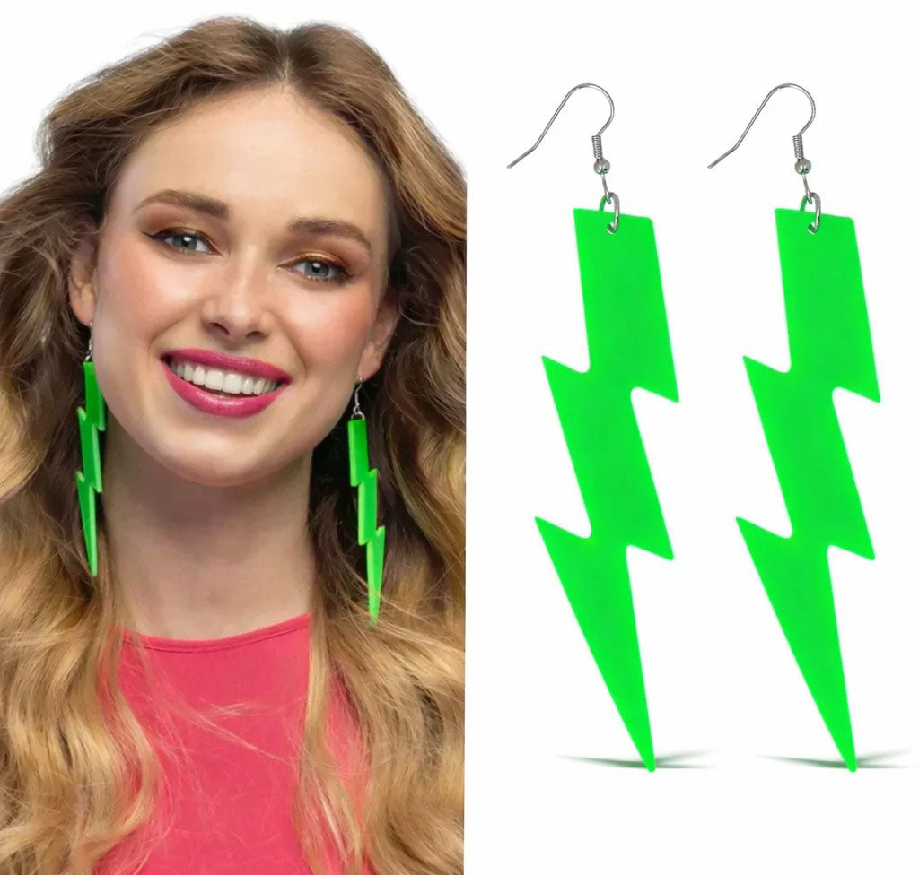80’ler 90'lar Retro Neon Yeşil Şimşek Küpe 10 cm (4887)