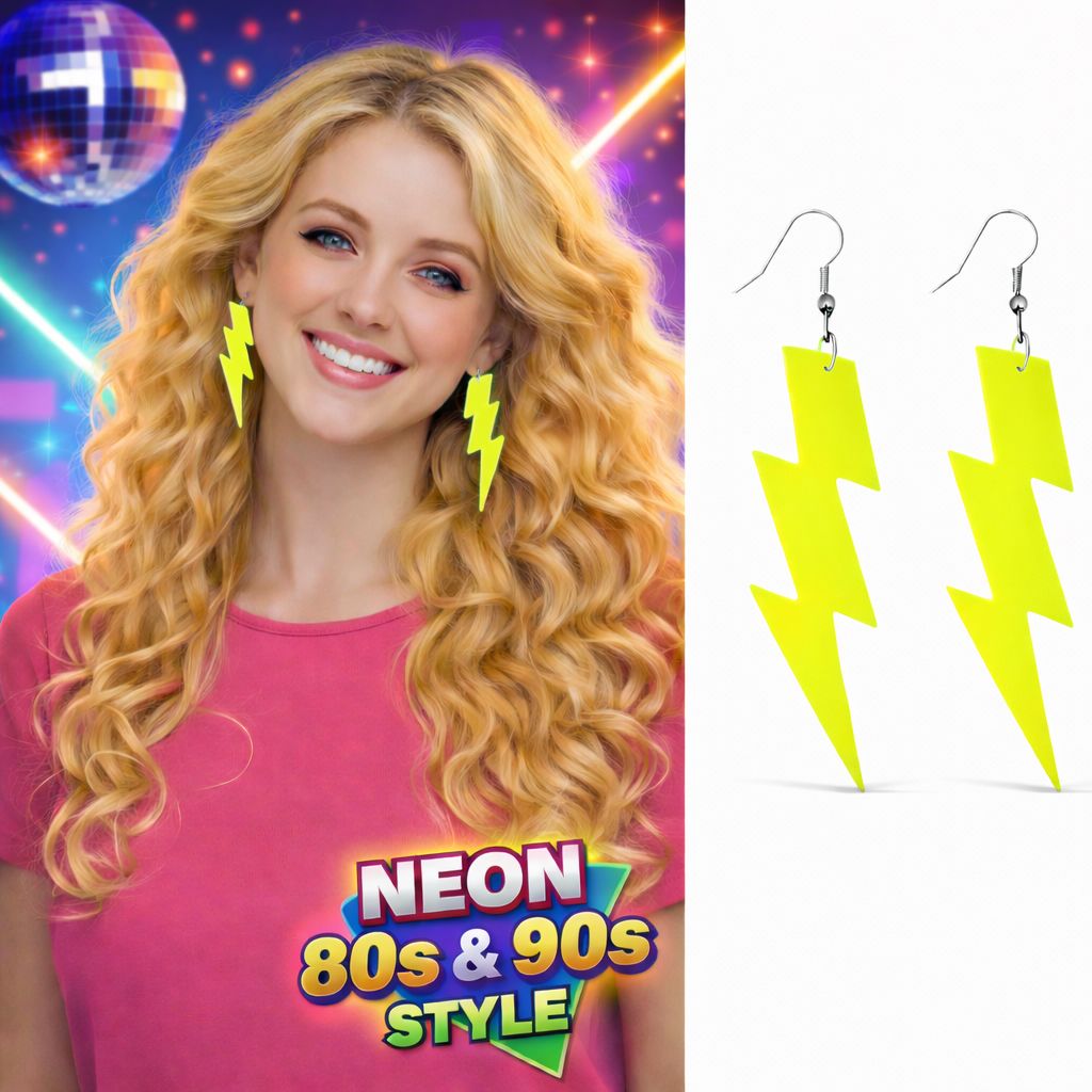 80’ler 90'lar Retro Neon Sarı Şimşek Küpe 10 cm (4887)