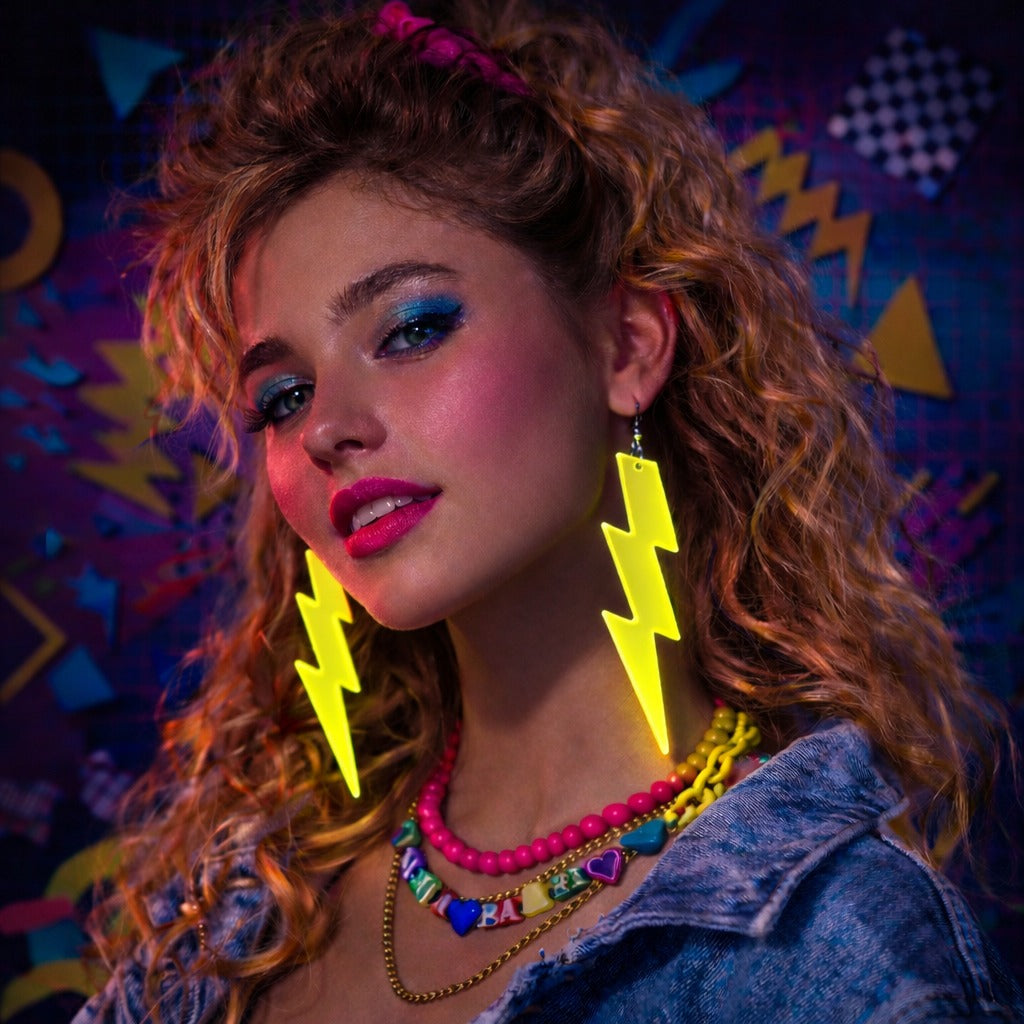80’ler 90'lar Retro Neon Sarı Şimşek Küpe 10 cm (4887)