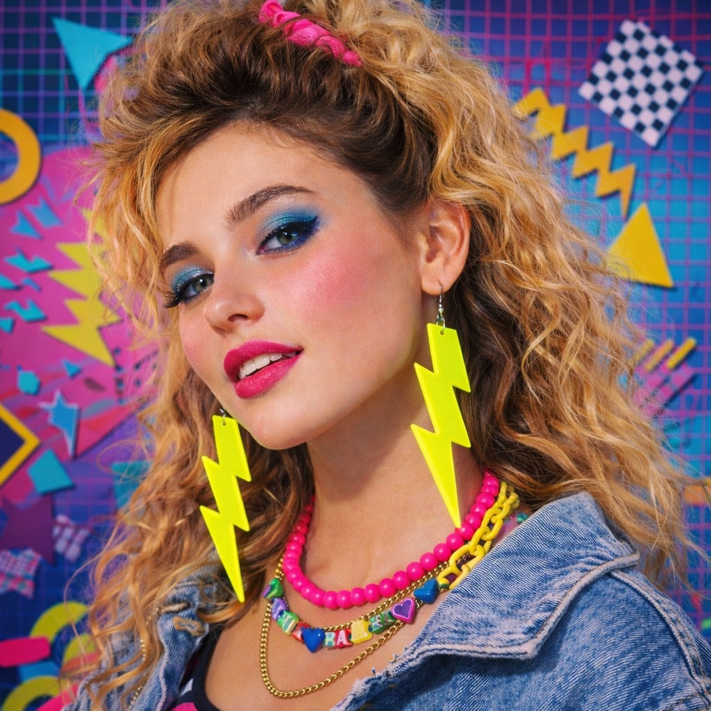 80’ler 90'lar Retro Neon Sarı Şimşek Küpe 10 cm (4887)