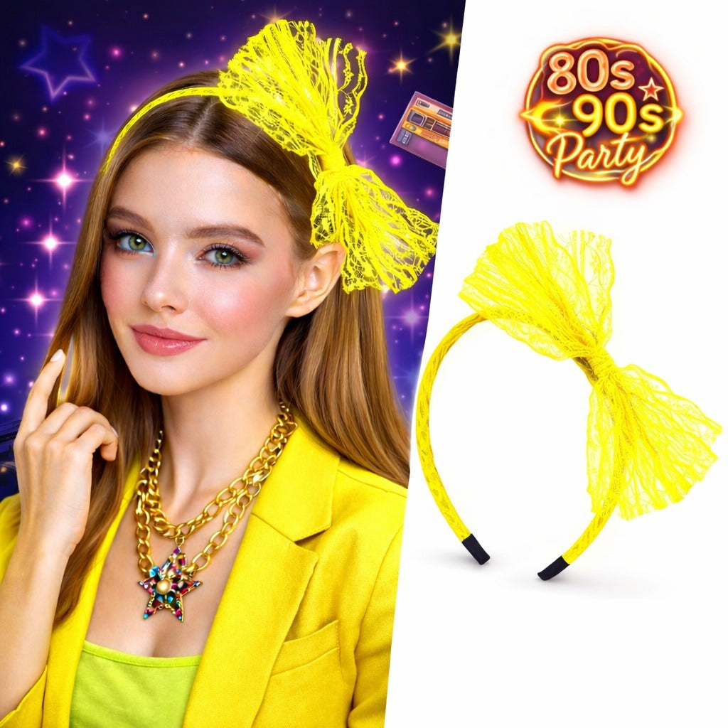 80’ler 90’lar Neon Sarı Dantel Taç Fiyonklu (4887)