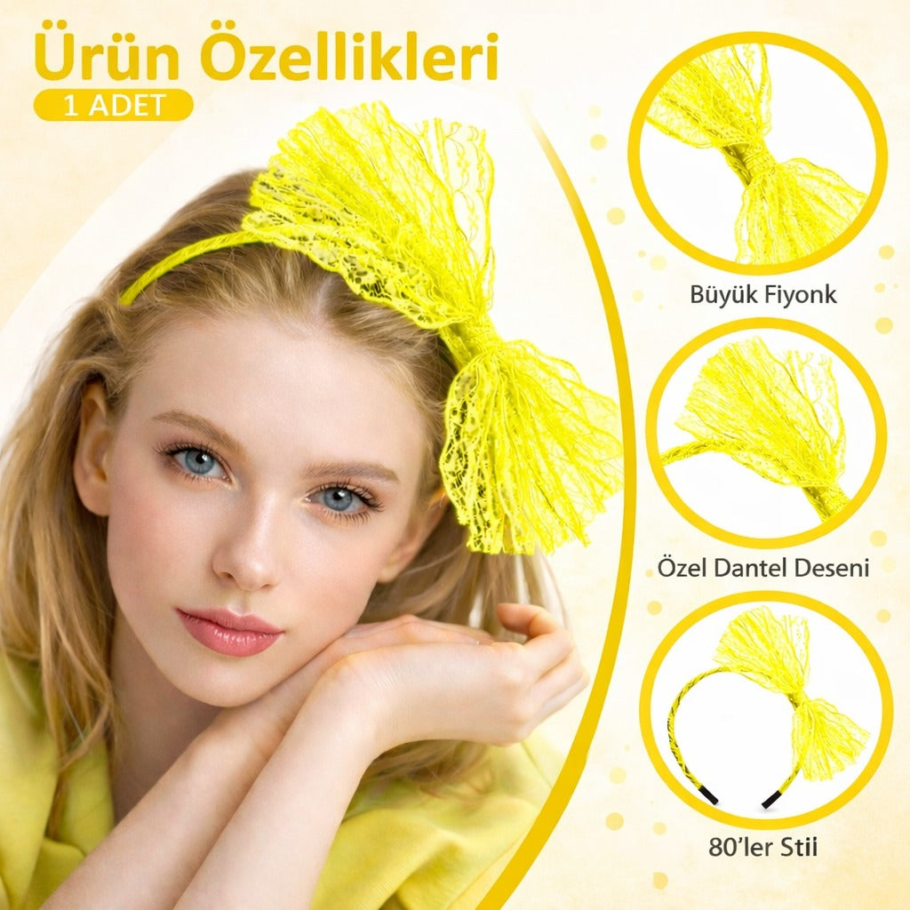 80’ler 90’lar Neon Sarı Dantel Taç Fiyonklu (4887)