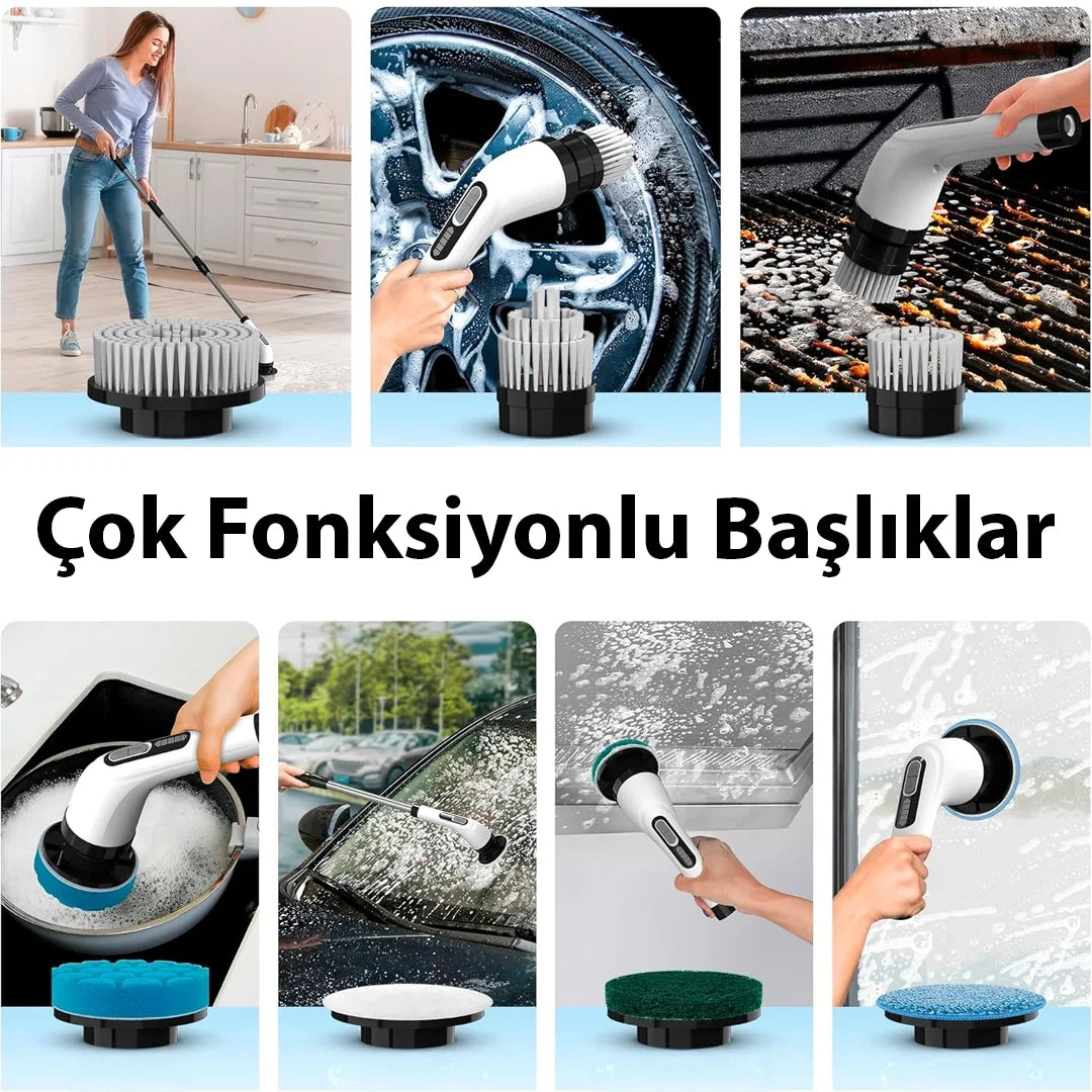 9'u 1 Arada Çok Amaçlı Kablosuz Şarjlı Temizlik Fırçası IP67 Yıkanabilir Başlık (4887)