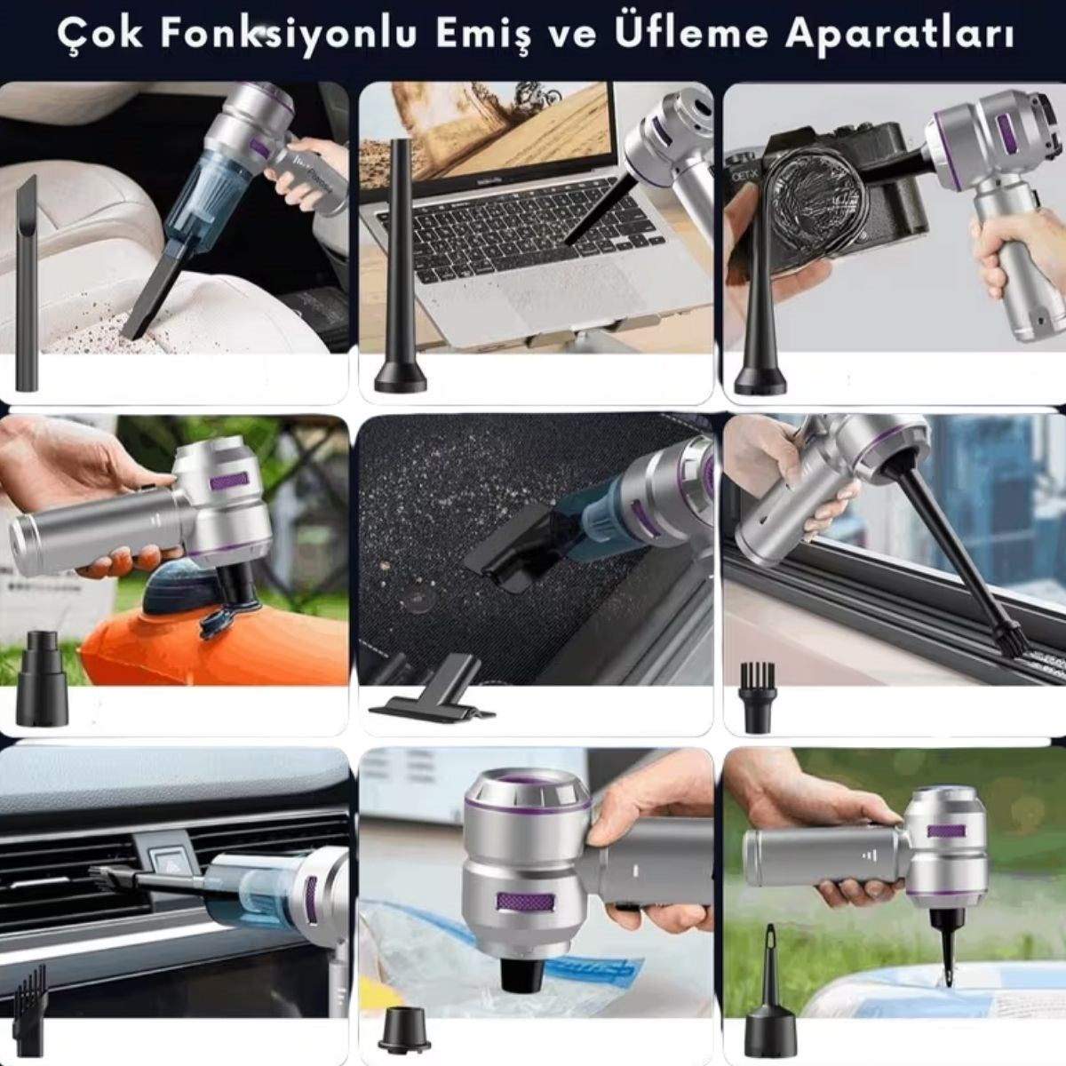 9 Farklı Uçlu Kablosuz Şarjlı Araç İçi Süpürge – Wireless Destekli, Güçlü Emiş, Taşınabilir Pratik Araç Temizleyici (4887)