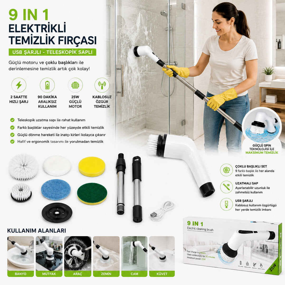 9IN1 25W - KABLOSUZ - HIZLI ŞARJ ELEKTRİKLİ ŞARJLI TEMİZLİK FIRÇASI RZG-2026 (4887)