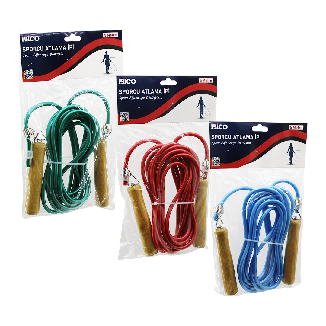AHŞAP SAPLI PVC ATLAMA İPİ RENKLİ 5MT (4887)