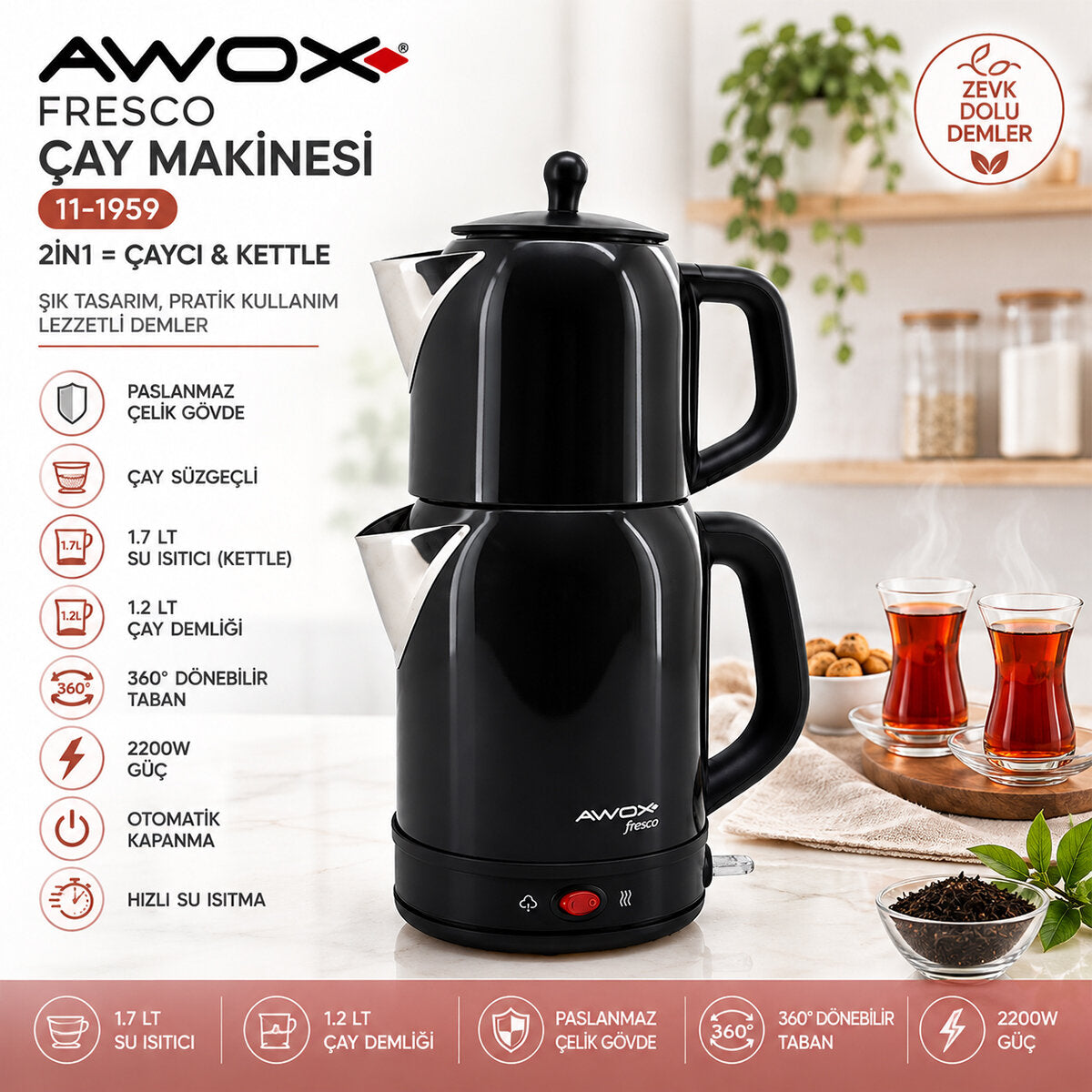 AWOX FRESCO SİYAH ELEKTRİKLİ ÇAY MAKİNESİ ÇAYCI SET 1.7LT SU ISITICI + 1.2LT DEMLİK PASLANMAZ ÇELİK GÖVDE 2200W (4887)
