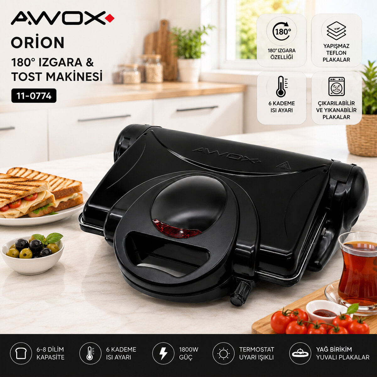AWOX ORİON SİYAH TOASTER 8 DİLİM TOST MAKİNESİ - 180° IZGARA 1800W (4887)
