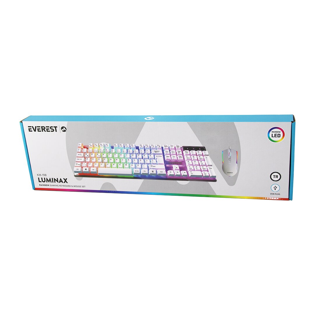 BEYAZ GÖKKUŞAĞI IŞIKLI USB KABLOLU OYUNCU KLAVYE - MOUSE SET (4887)