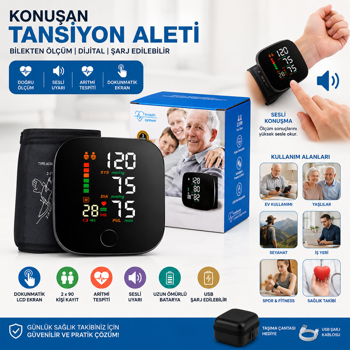 BİLEK ÖLÇÜM 7X8.3CM USB SARJLI - DİJİTAL KONUŞAN TANSİYON ALETİ BK-606 (4887)