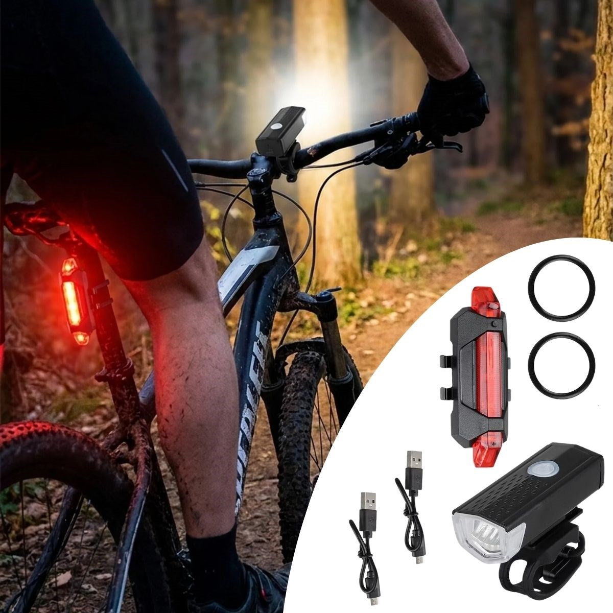Bisiklet Işık Seti – USB Şarjlı LED Ön Far + Arka Stop Lambası, Su Geçirmez Bisiklet Aydınlatma Seti (4887)