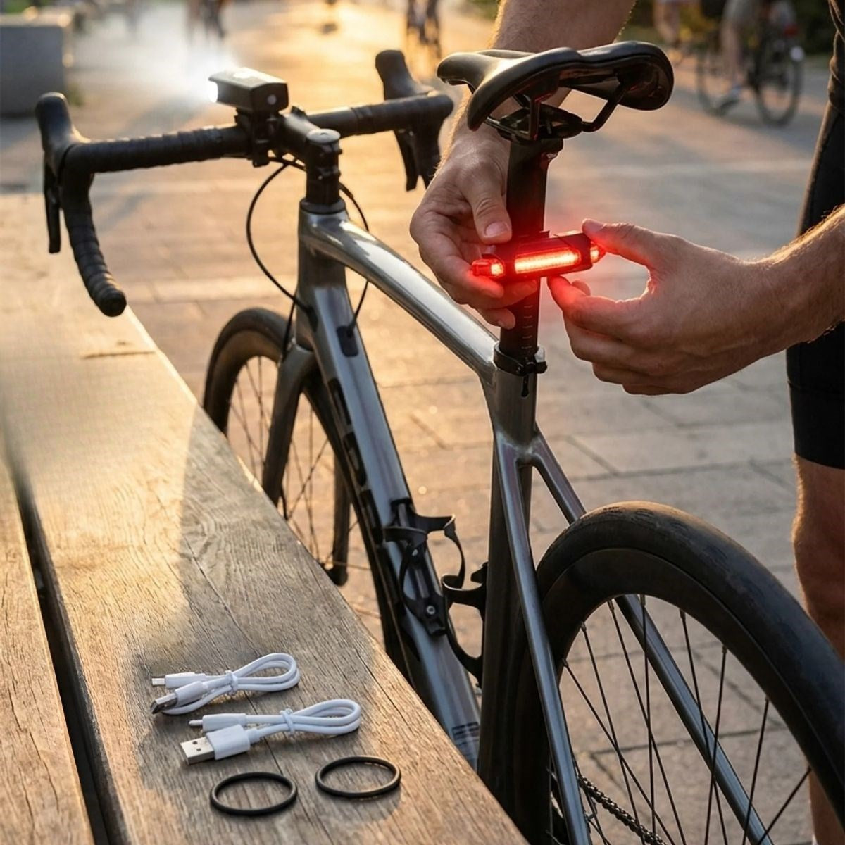 Bisiklet Işık Seti – USB Şarjlı LED Ön Far + Arka Stop Lambası, Su Geçirmez Bisiklet Aydınlatma Seti (4887)