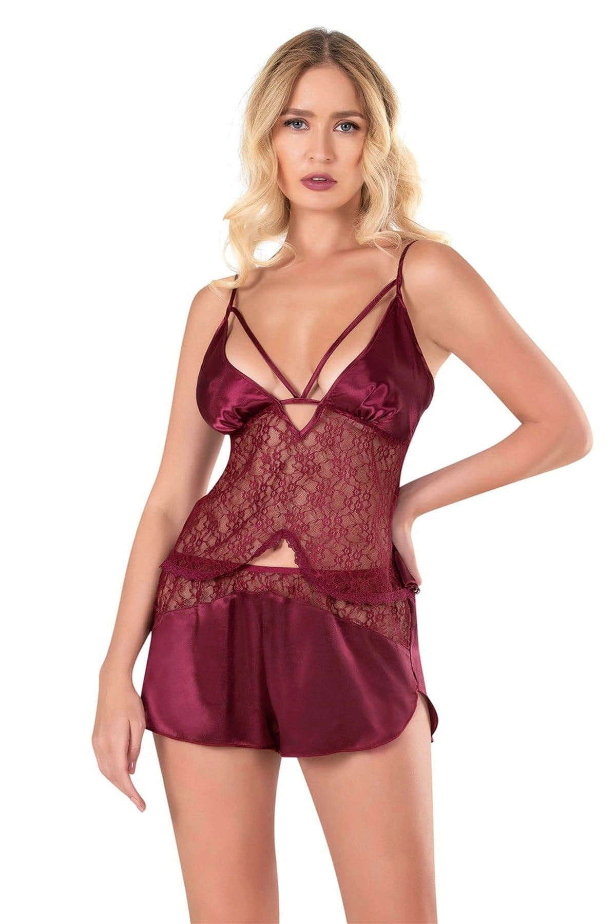 Saten Babydoll Şortlu Set - Bordo - KLBN14079