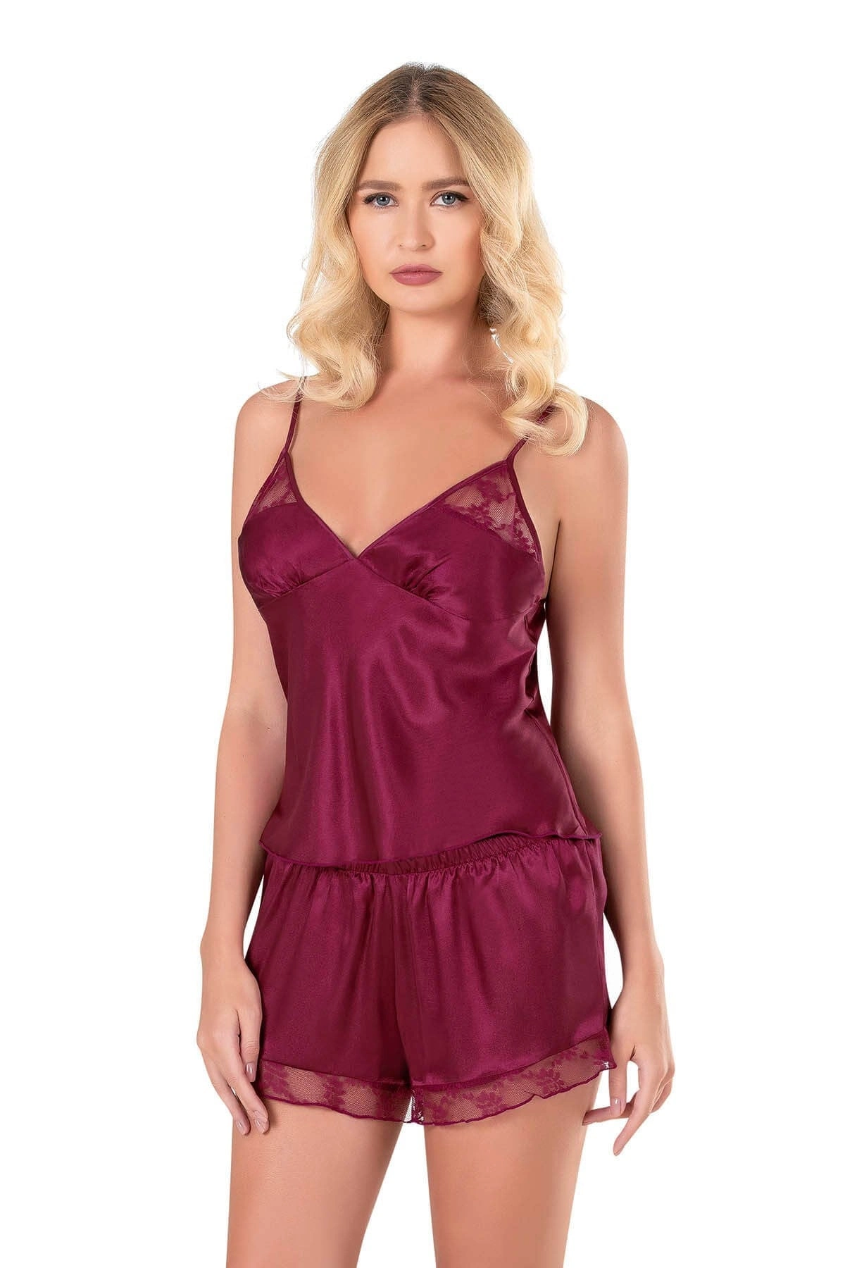 Saten Babydoll Şortlu Set - Bordo - KLBN14122