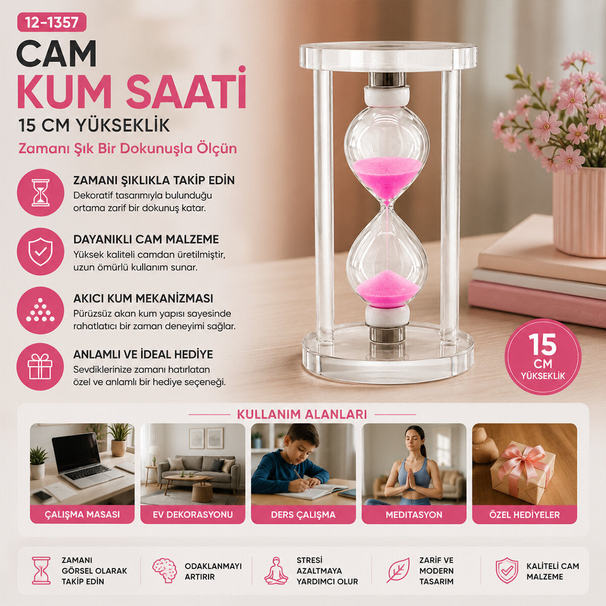 BÜYÜK CAM KUM SAATİ CAM STANDLI= ÇAP: 7.5CM-YÜKSEKLİK: 15CM (4887)