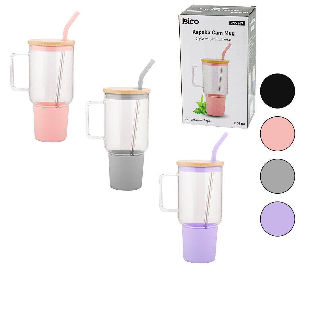 CAM 1000ML MATARA - SULUK BAMBU KAPAK - SIZDIRMAZ SİLİKONLU ÇELİK PİPET KORUYUCU SİLİKON ALTLIK - KILIF (4887)
