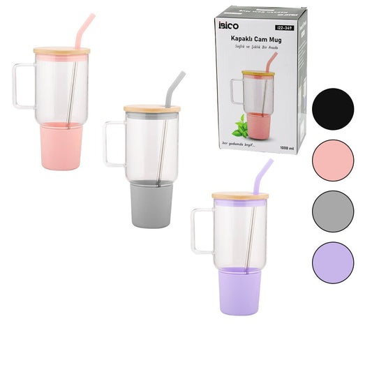 CAM 1000ML MATARA - SULUK BAMBU KAPAK - SIZDIRMAZ SİLİKONLU ÇELİK PİPET KORUYUCU SİLİKON ALTLIK - KILIF (4887)