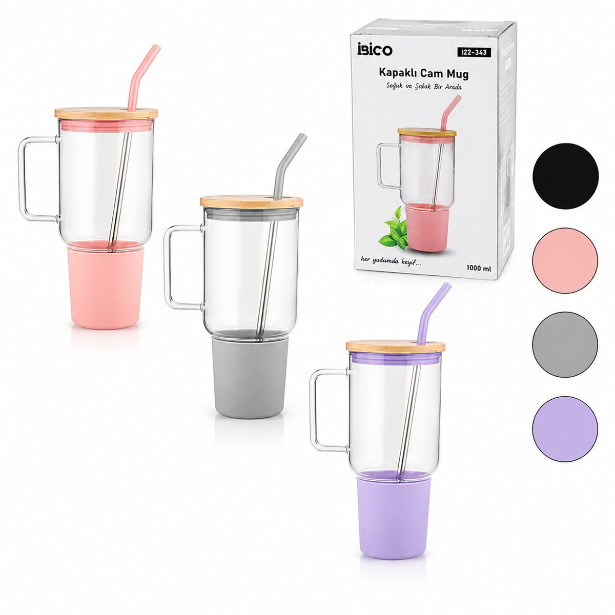 CAM 1000ML MATARA - SULUK BAMBU KAPAK - SIZDIRMAZ SİLİKONLU ÇELİK PİPET KORUYUCU SİLİKON ALTLIK - KILIF (4887)