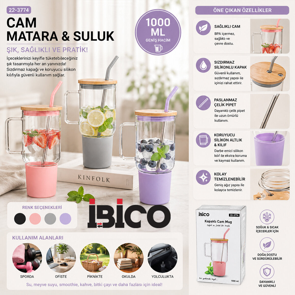 CAM 1000ML MATARA - SULUK BAMBU KAPAK - SIZDIRMAZ SİLİKONLU ÇELİK PİPET KORUYUCU SİLİKON ALTLIK - KILIF (4887)