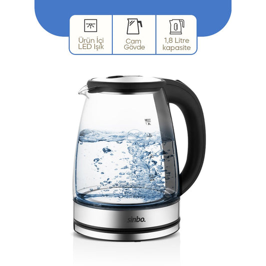 CAM - LEDLİ KETTLE 1.8LT  GİZLİ REZİSTANS - KABLOSUZ 360 DERECE GÖVDE 1500W SK-8033 (4887)
