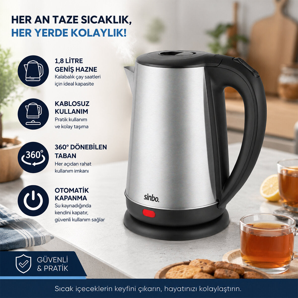 ÇELİK KETTLE SU ISITICISI KABLOSUZ KULLANIM 1.8LT 360 DERECE DÖNEBİLME OTOMATİK KAPANMA SK-8026 (4887)