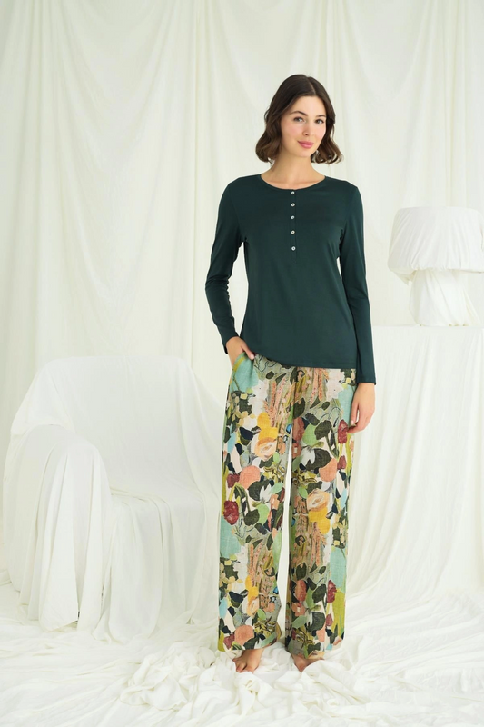 Çiçek ve Yaprak Desenli Pijama Takımı - KLBN29166
