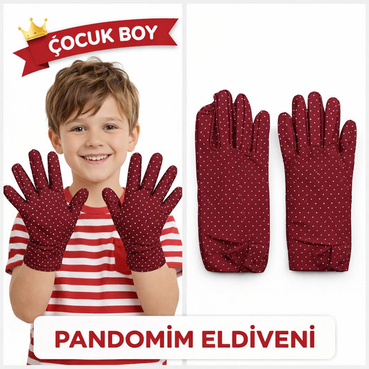 Çocuk Boy Pandomim Eldiveni Beyaz Puantiyeli Bordo Renk Gösteri Eldiveni 23 Nisan 19 Mayıs (4887)