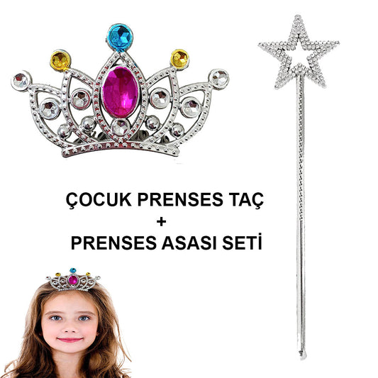 Çocuklar İçin Taraklı Prenses Tacı ve Prenses Yıldız Asa Seti Gümüş (4887)