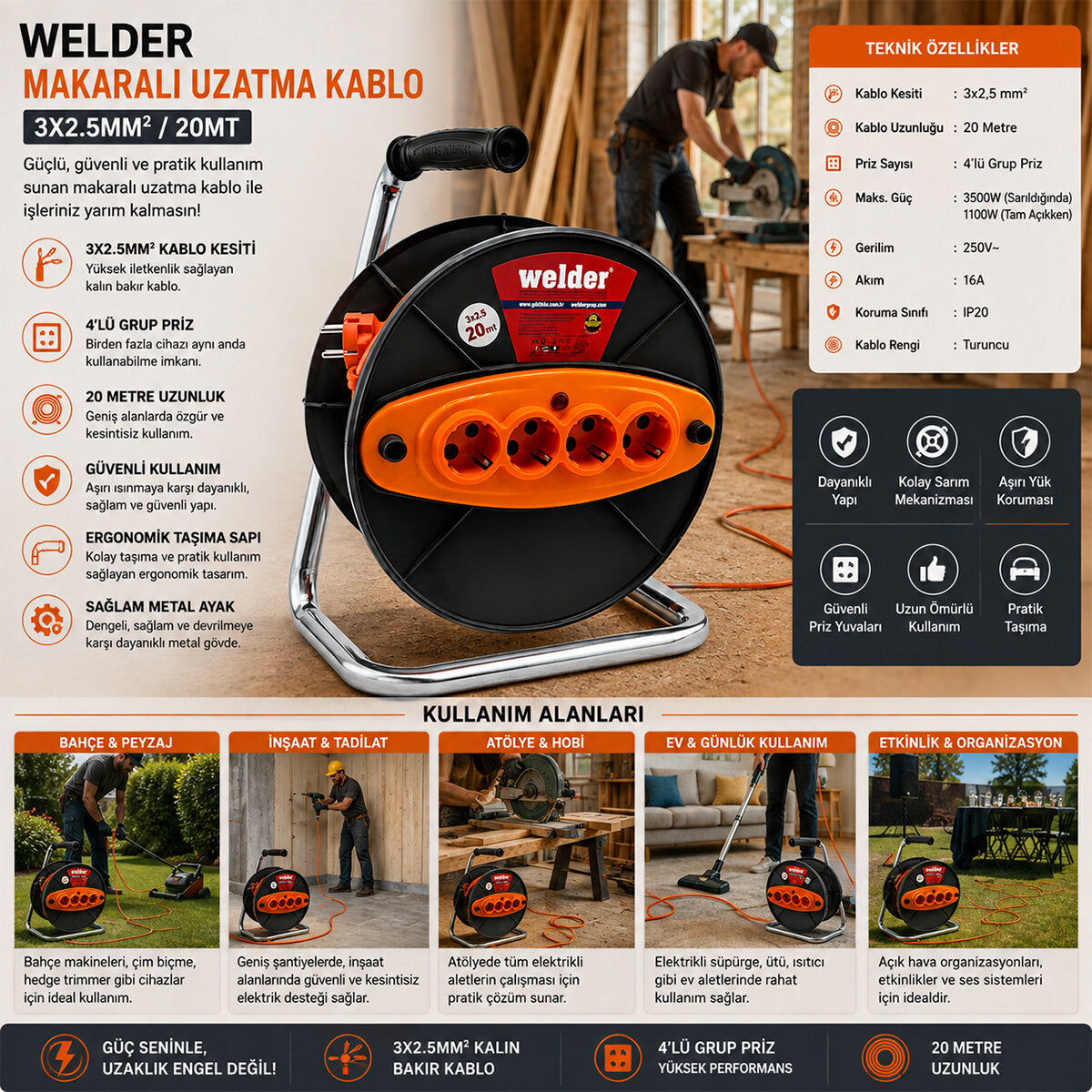 CT WELDER 3X2.5MM 20MT MAKARALI UZATMA KABLO (4887)