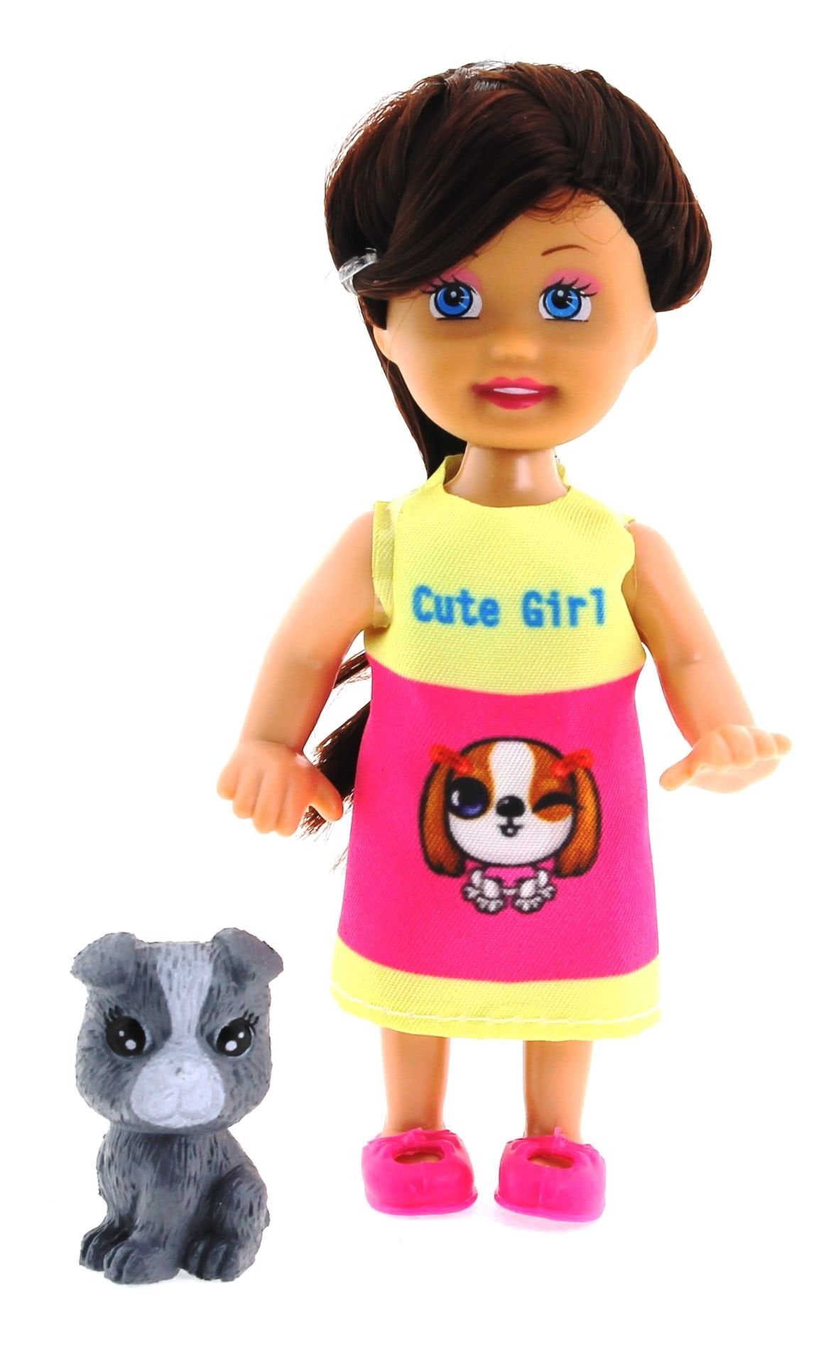 Cute Girl Gri Köpekli ve Kumral Mini Bebek