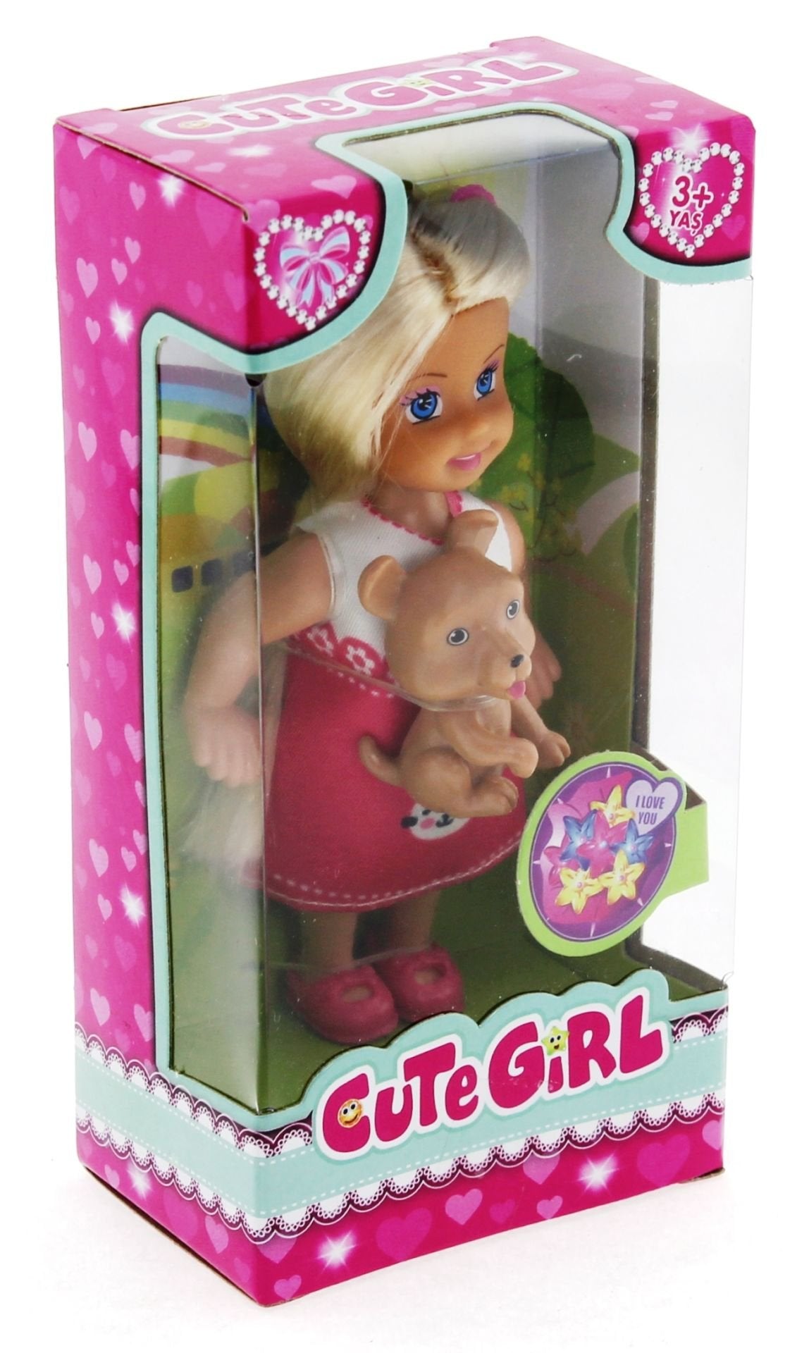 Cute Girl Kahverengi Köpekli ve Sarışın Mini Bebek