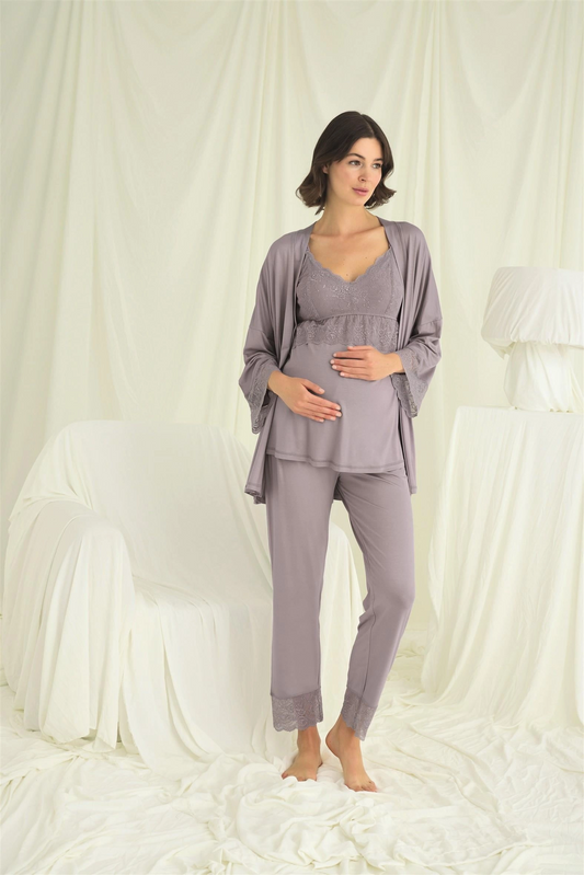 Dantelli Hamile Lohusa 3'lü Pijama Takımı - KLBN29240