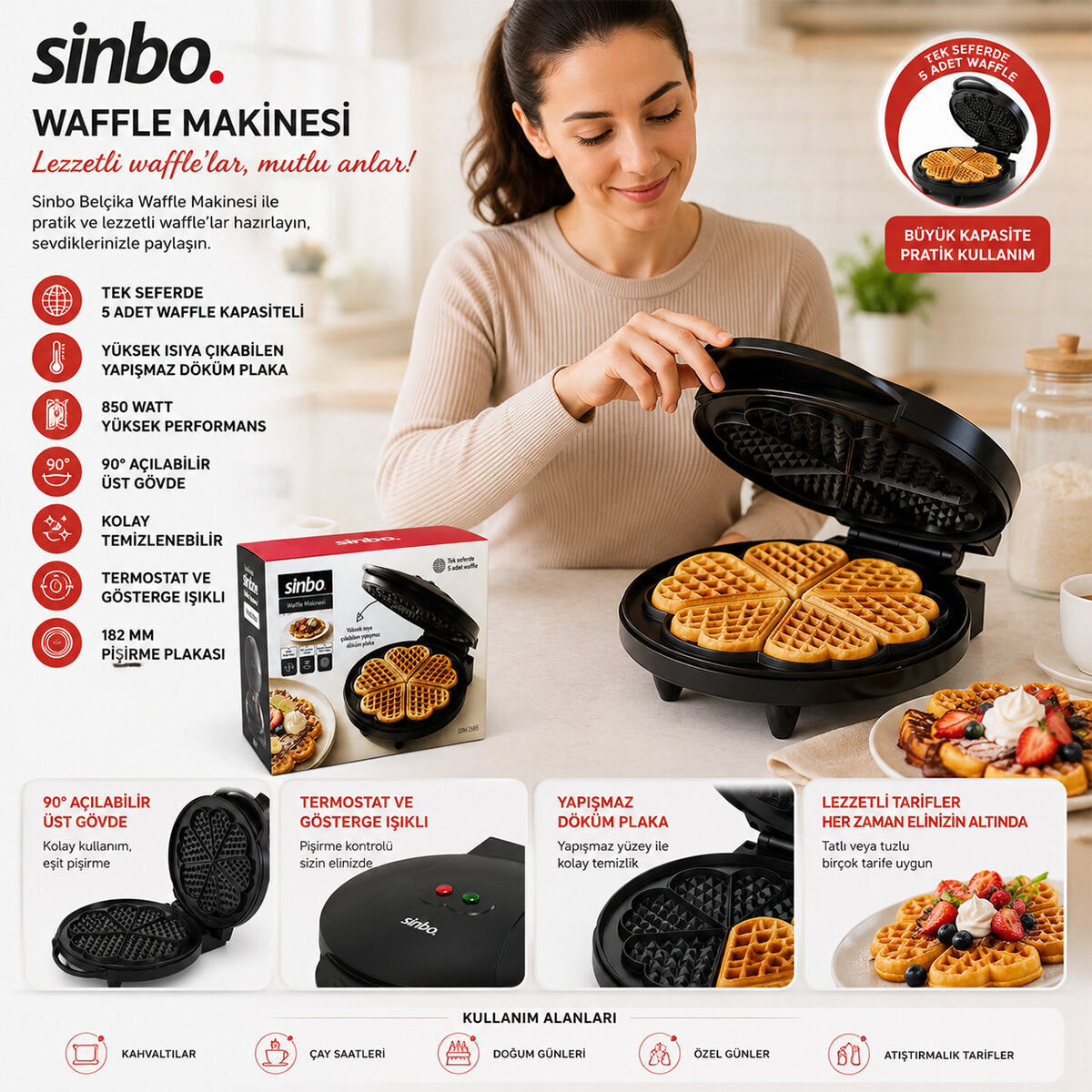 DÖKÜM BELÇİKA WAFFLE MAKİNESİ ELEKTRİKLİ 5 WAFFLE YAPIŞMAZ YÜZEY 850W SSM-2595 (4887)