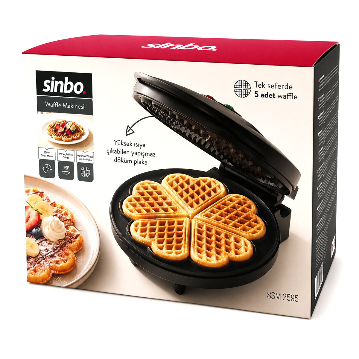 DÖKÜM BELÇİKA WAFFLE MAKİNESİ ELEKTRİKLİ 5 WAFFLE YAPIŞMAZ YÜZEY 850W SSM-2595 (4887)