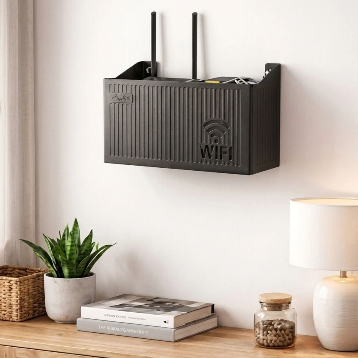 Duvar Tipi Wi-Fi Modem Saklama Kutusu(Siyah) – Kablo Düzenleyici Router Raf Organizer (4887)