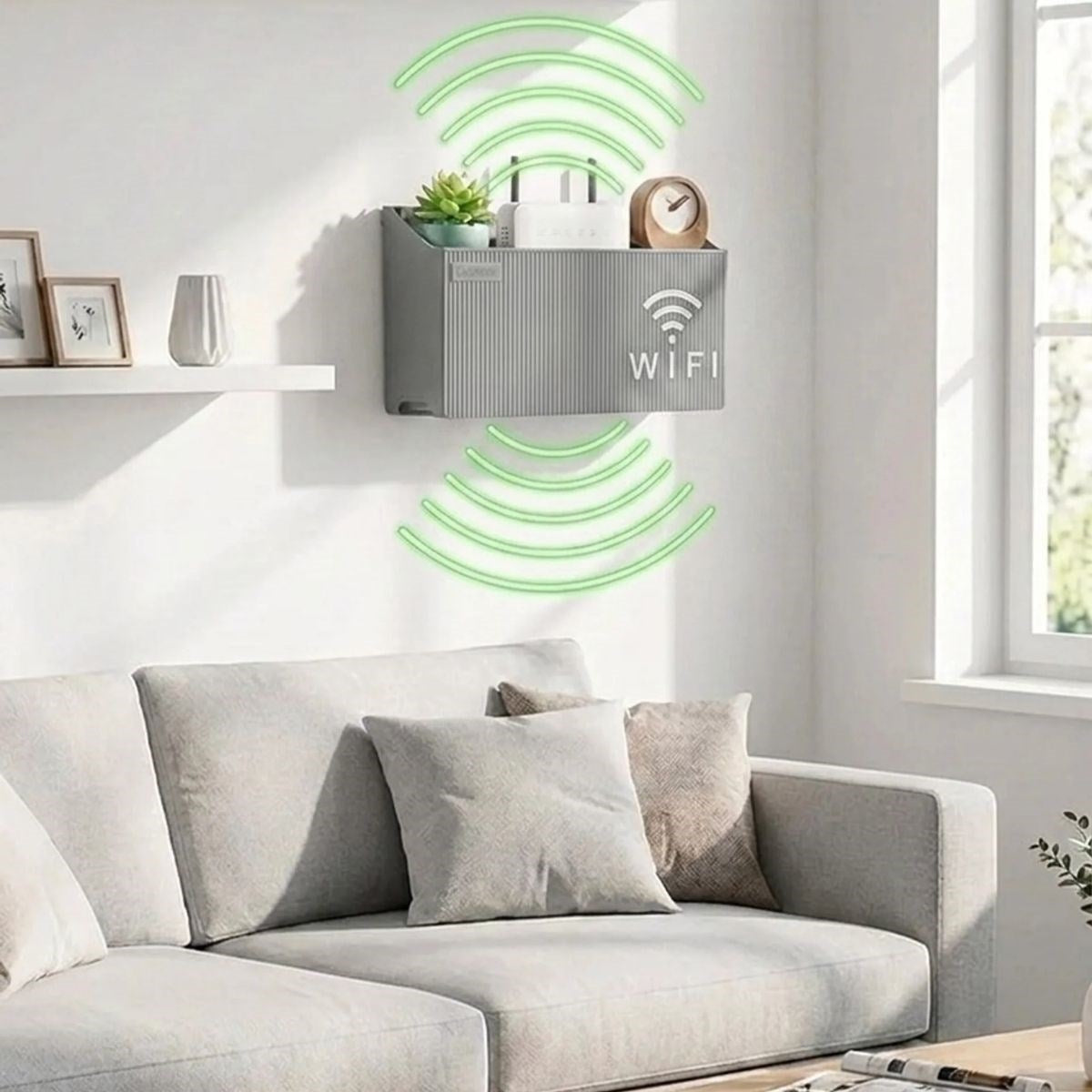 Duvar Tipi Wi-Fi Modem Saklama Kutusu(Gri) – Kablo Düzenleyici Router Raf Organizer (4887)