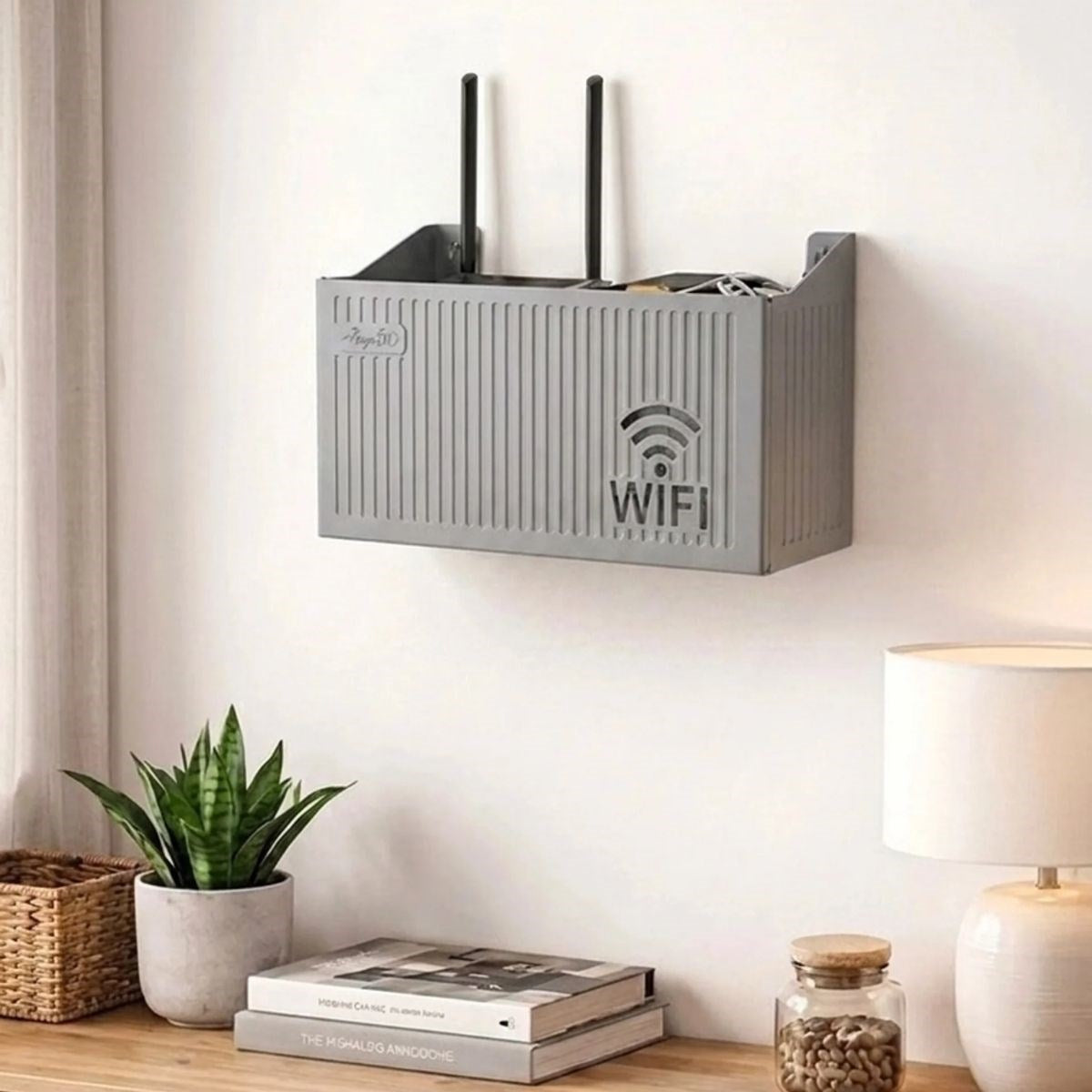 Duvar Tipi Wi-Fi Modem Saklama Kutusu(Gri) – Kablo Düzenleyici Router Raf Organizer (4887)