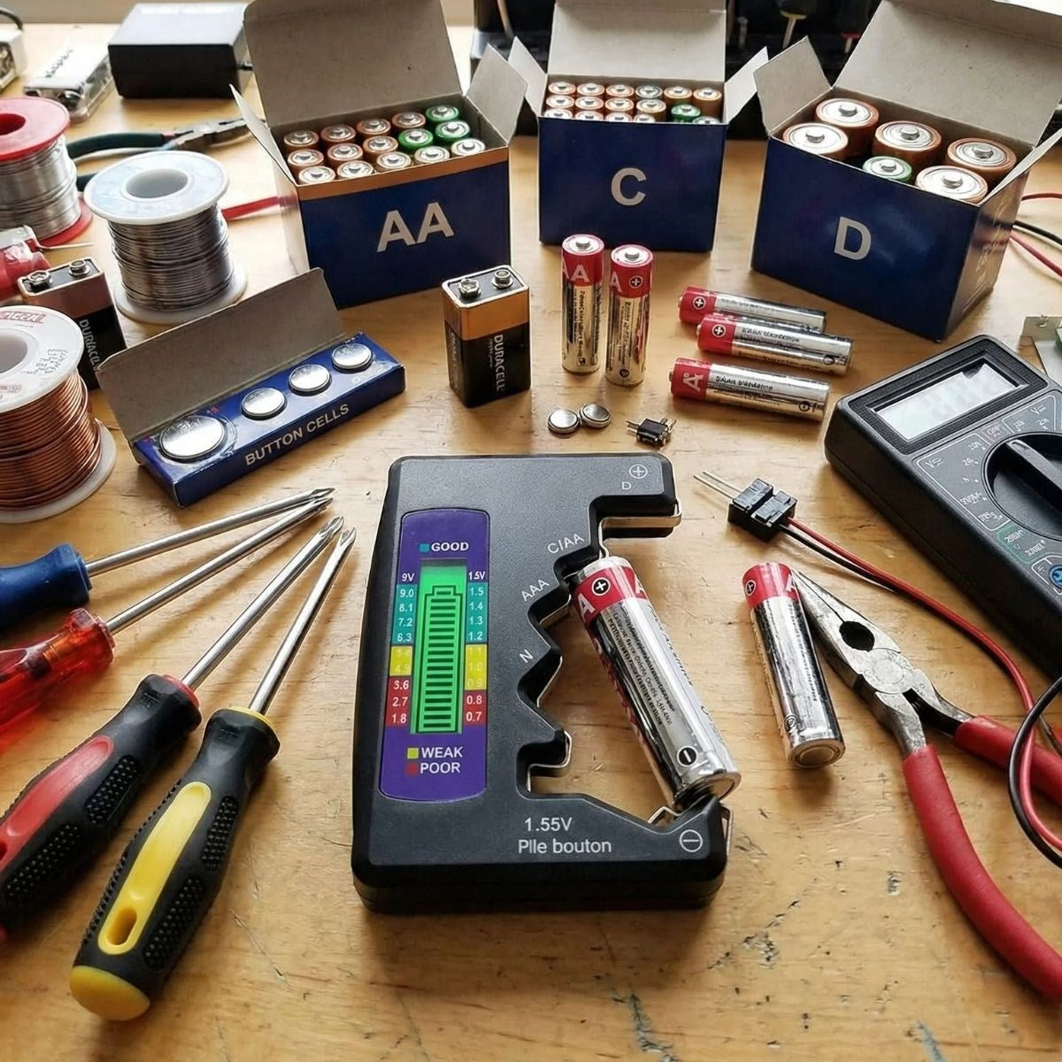 Evrensel Dijital Pil Test Cihazı – AA, AAA, C, D, N, 9V ve Düğme Pil Uyumlu Mini Pil Kapasite & Seviye Ölçer (4887)