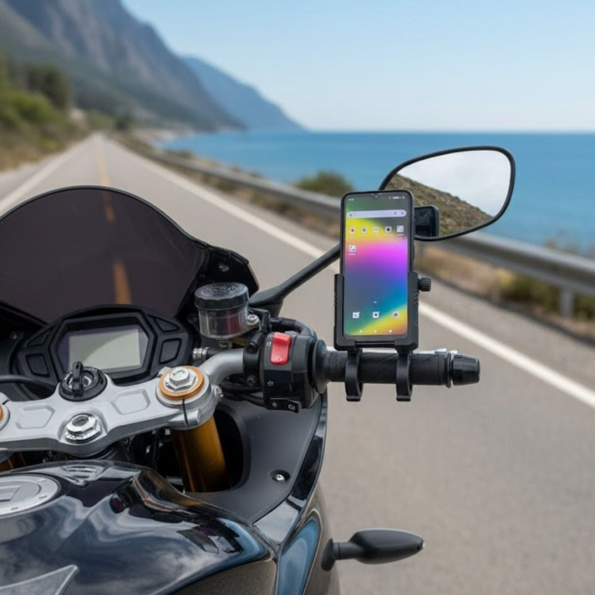 Evrensel Motosiklet Telefon Tutucu – Kaymaz, Kilitlenebilir Güvenli Tutuşlu, 360° Ayarlanabilir Gidon Bağlantılı Akıllı Telefon Aparatı (4887)