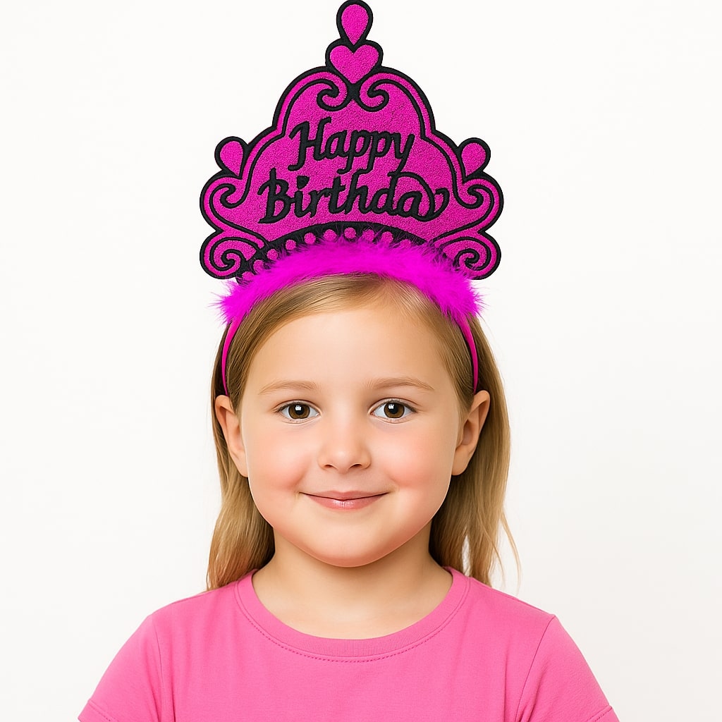 Fuşya Happy Birthday Prenses Tacı – Doğum Günü Taç Aksesuarı (4887)
