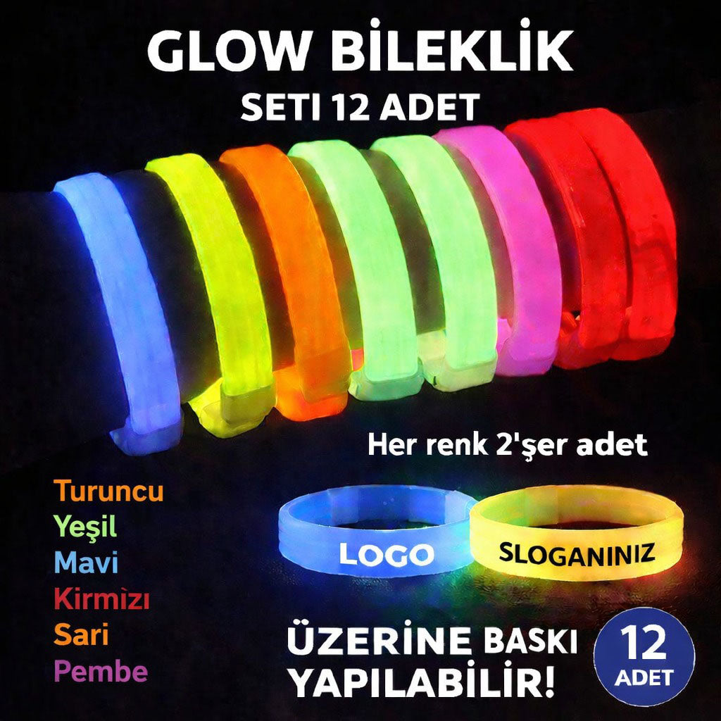 Glow Kalın Bileklik 12’li Set | Baskıya Uygun Renkli Model (4887)