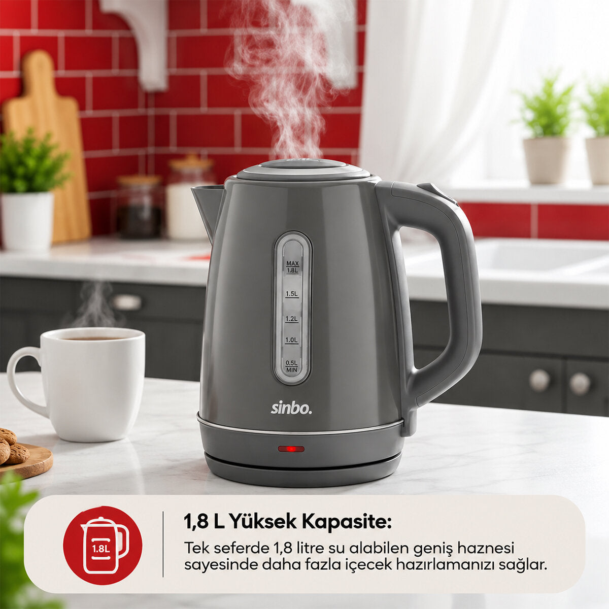 GRİ ÇELİK KETTLE SU ISITICISI KABLOSUZ KULLANIM 1.8LT 360 DERECE DÖNEBİLME OTOMATİK KAPANMA SK-8031 (4887)