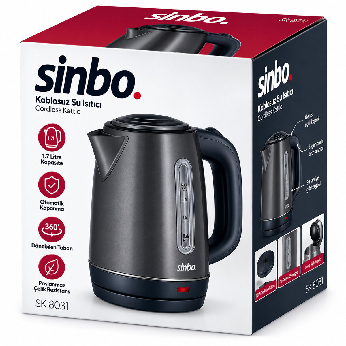 GRİ ÇELİK KETTLE SU ISITICISI KABLOSUZ KULLANIM 1.8LT 360 DERECE DÖNEBİLME OTOMATİK KAPANMA SK-8031 (4887)