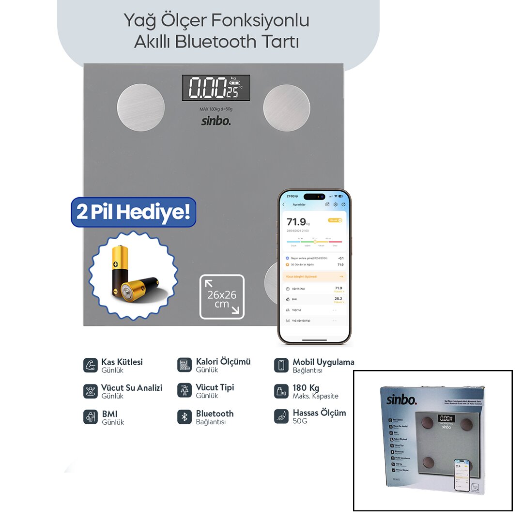 GRİ YAĞ ÖLÇER AKILLI BLUETOOTH CAM BASKÜL PİLLİ 180KG/50GR 26X26CM 8-KİŞİ HAFIZA LCD EKRAN ℃ GÖSTERGE SBS-4473 (4887)