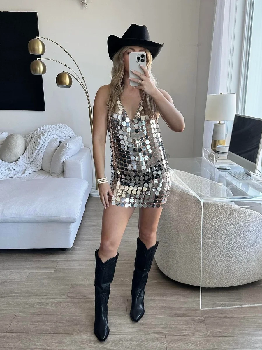 Gümüş Zincirli Parlak Pul Mini Elbise Festival Club Sahne Kostümü,Seksi Sahne Elbisesi,Parti Cosplay
