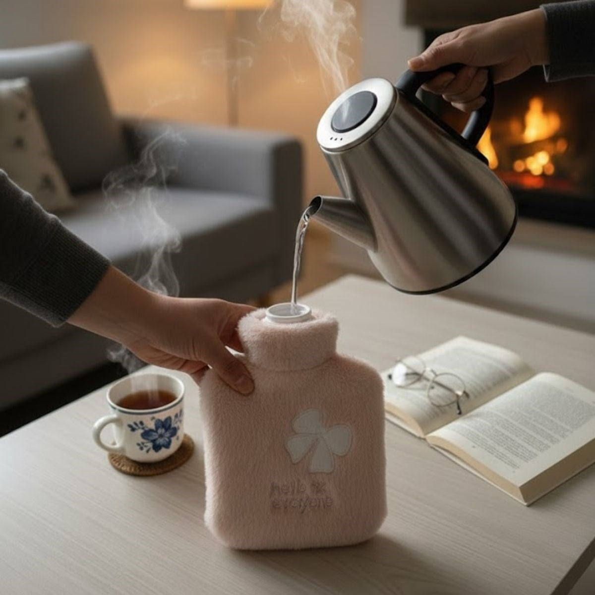 Hello Everyone Yazılı Kurdeleli Pembe Peluş Sıcak Su Torbası 1 Lt – Yumuşak Kılıf, Uzun Süre Sıcak Tutan Termal Su Torbası (4887)